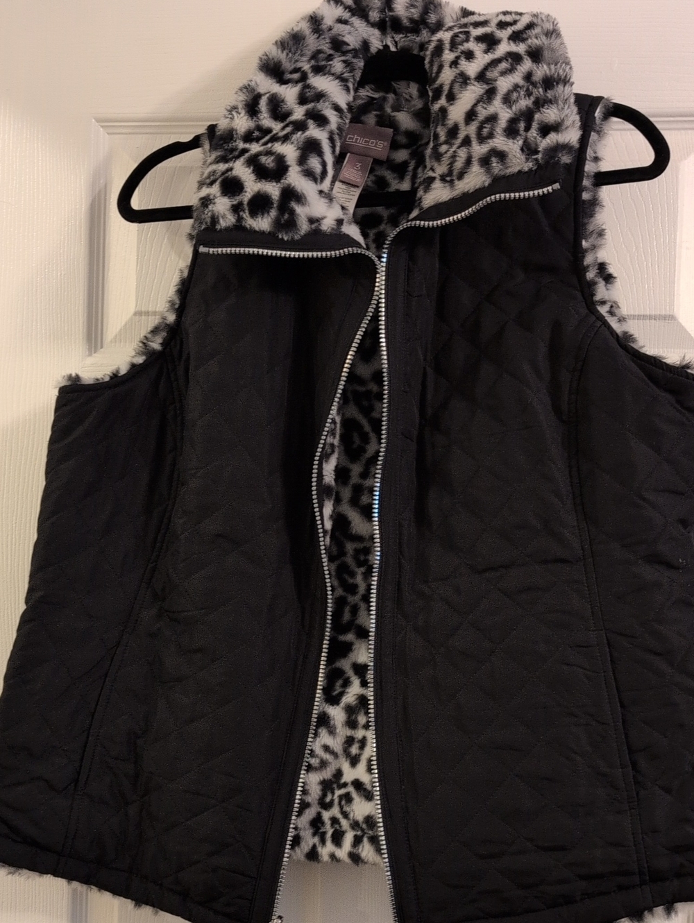 Chico's Black Quilted Vest with Black-and-White Leopard Faux-Fur